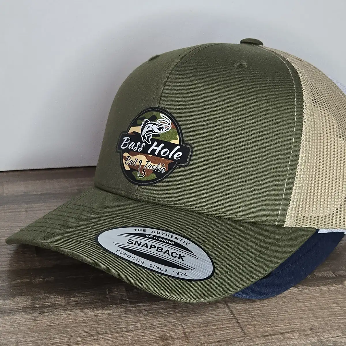 Bass Hole camo design on YP Classics Moss and Khaki hat angle 2