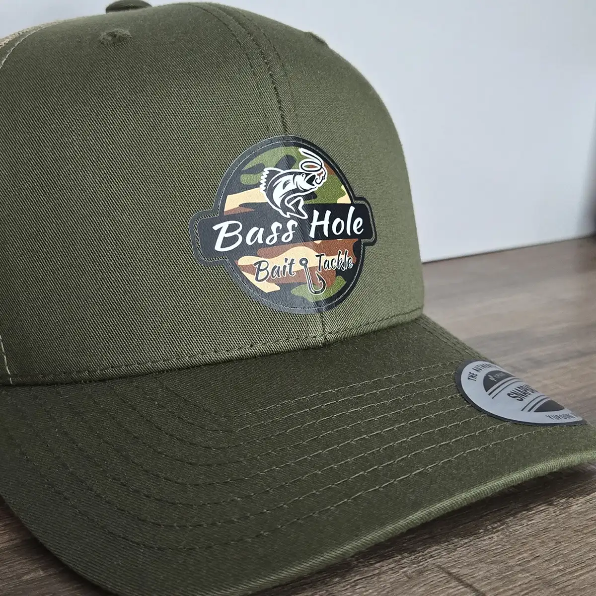 Bass Hole camo design on YP Classics Moss and Khaki hat angle