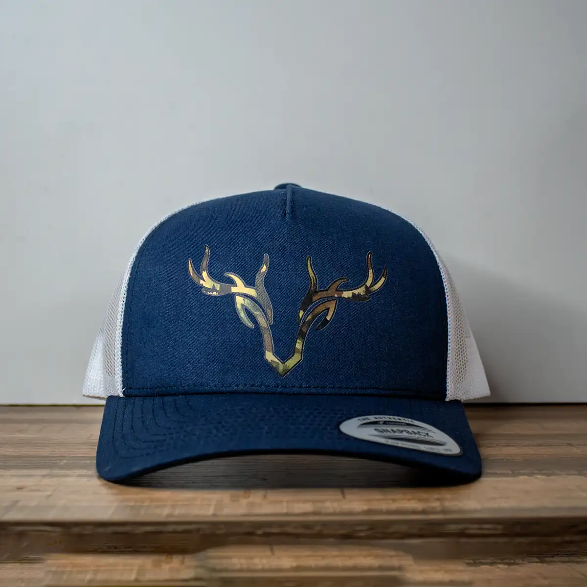 YP classics 5 panel Navy-White Camo Antlers front view
