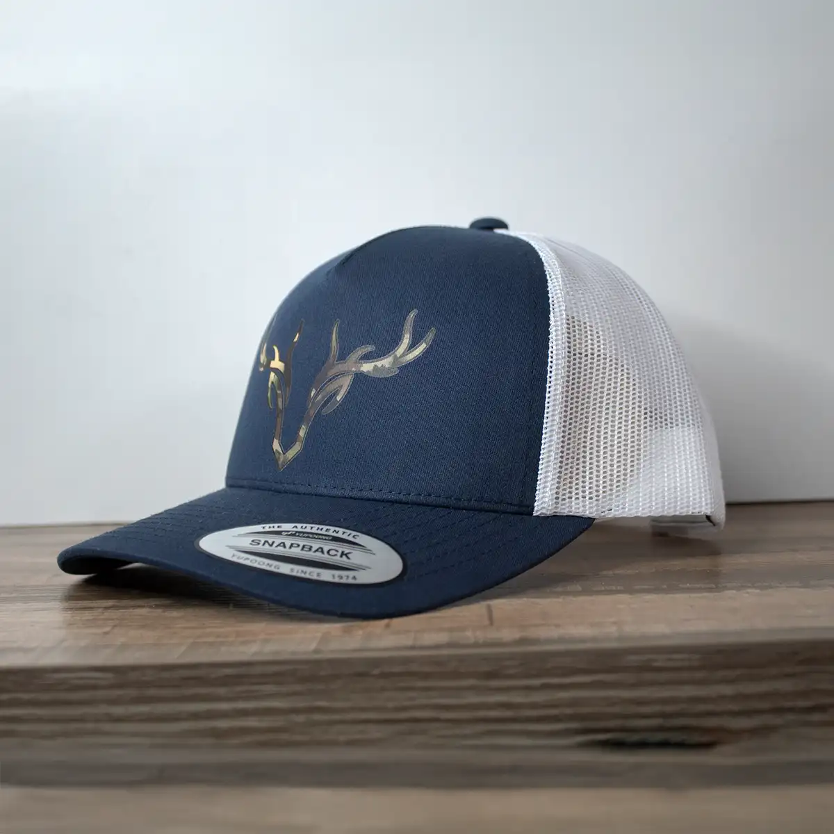 YP 5 panel Navy-White Camo Antlers side view