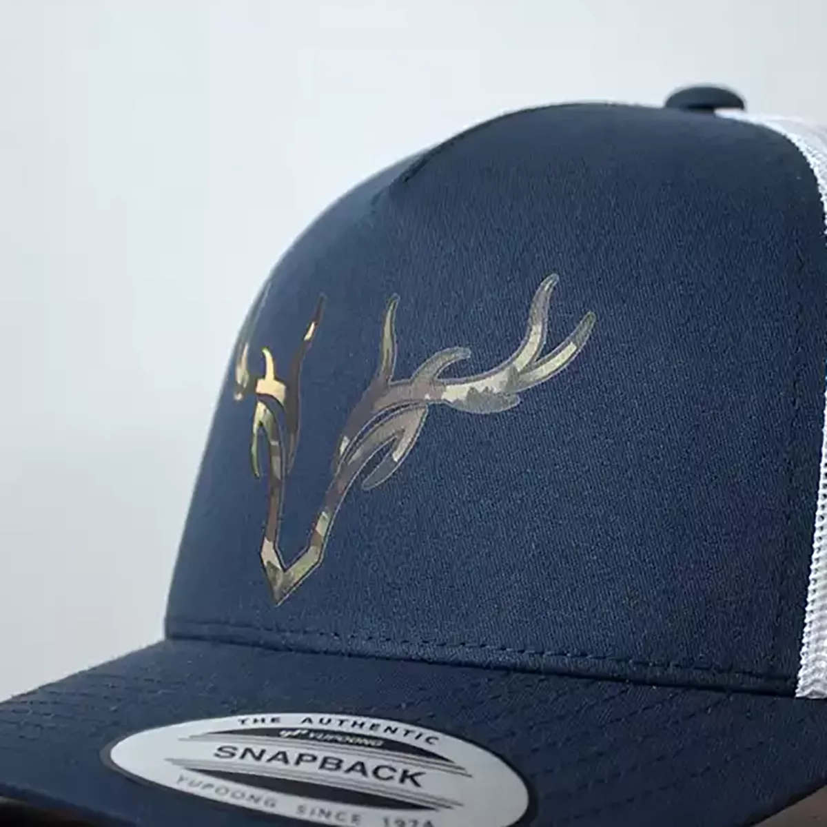 YP 5 panel Navy-White Camo Antlers trucker style hat