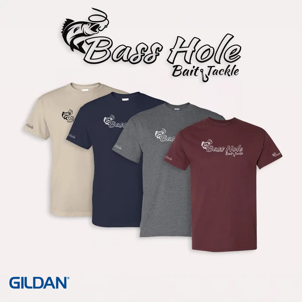 Bass Hole Bait and Tackle design on Gildan shirts