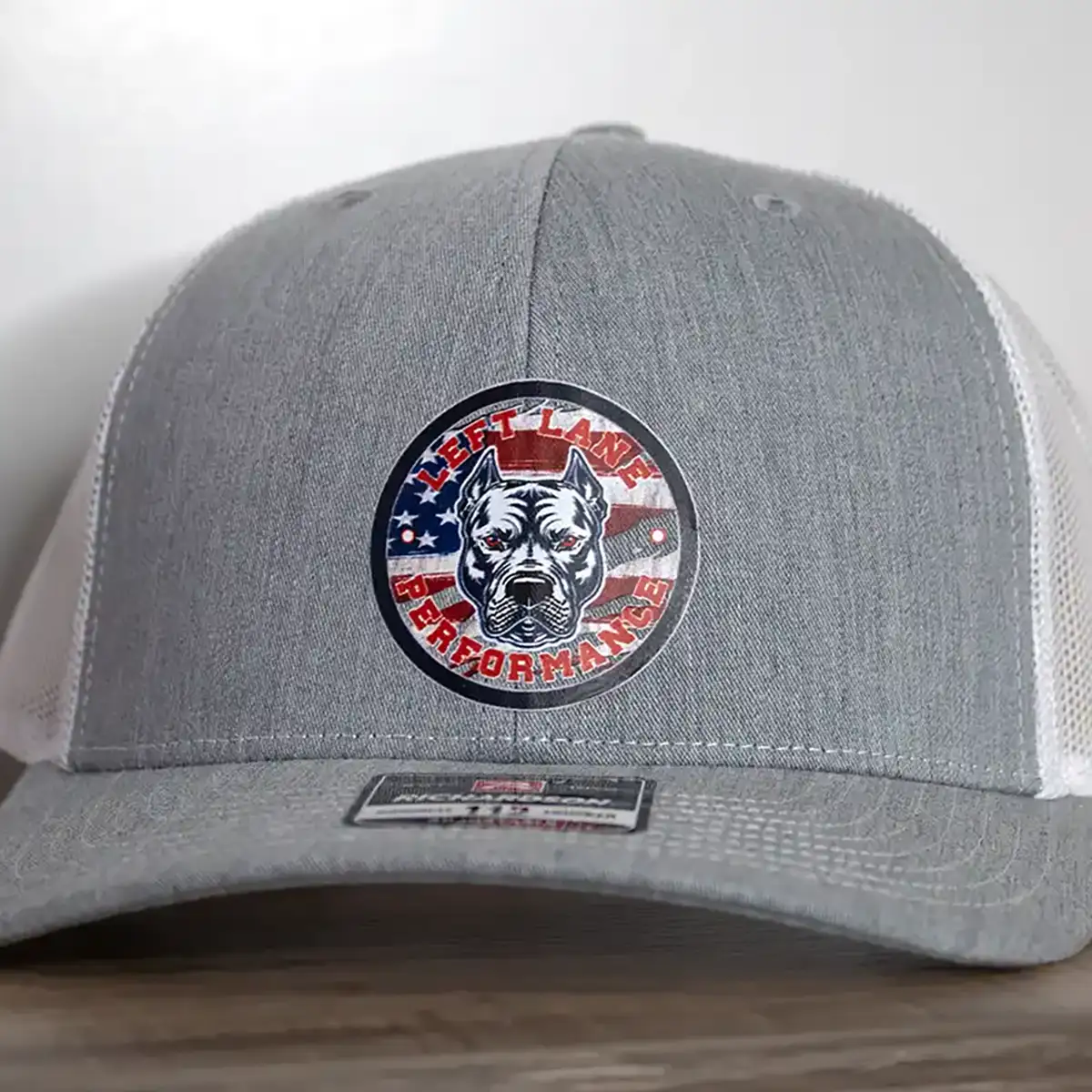 Left Lane Performance American Flag design Richardson 112 grey and white close view