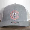 Left Lane Performance red design on Richardson 112 gray and white trucker style hat close view